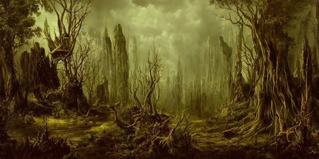 Prompt: dark gothic fantasy forest artwork by eugene von guerard