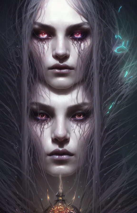 Image similar to Necromancer Sorceress face close-up macro in center, fantasy magic, undercut hairstyle, dark light night, intricate, elegant, sharp focus, illustration, highly detailed, digital painting, concept art, matte, art by WLOP and Artgerm and Greg Rutkowski and Alphonse Mucha, masterpiece