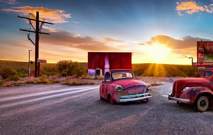 Image similar to A beautiful colorful evening scene of route66, old road with abandoned gas station and rusty old pickup truck, hyper realistic, blinding backlight evening sun, sparkling sun rays, epic scene, intense setting, evening vibe