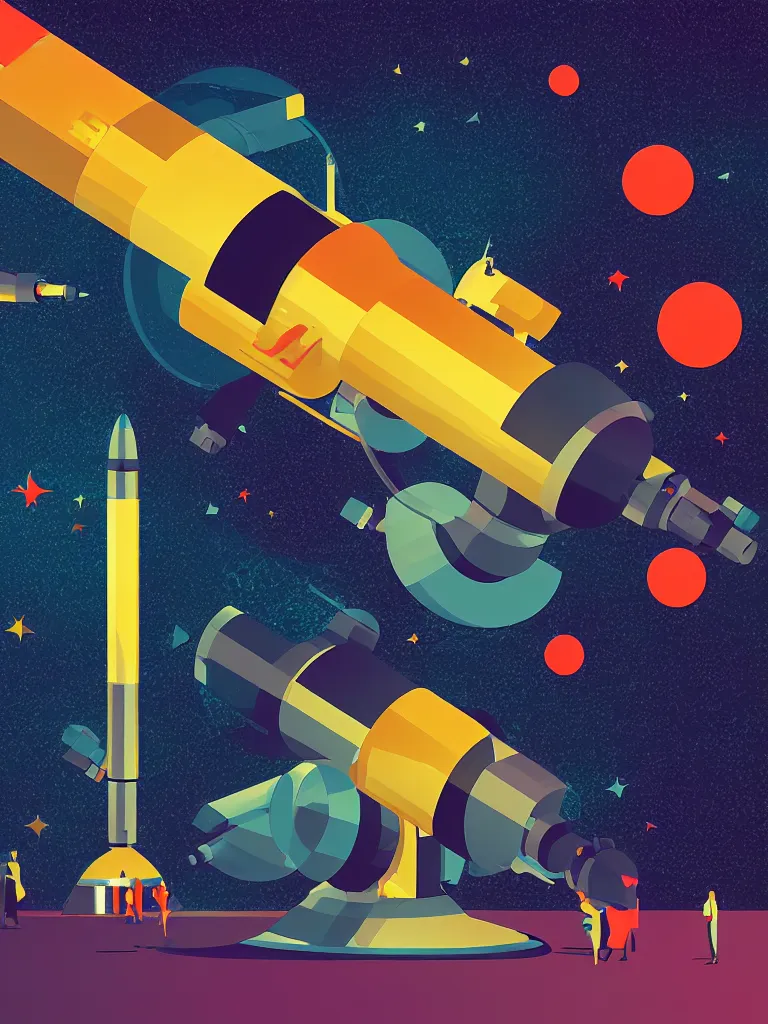 Image similar to editorial illustration scientific lab test tube telescope microscope spaceship, dynamic composition, detailed, matte print, dynamic perspective, colorful modern, mads berg