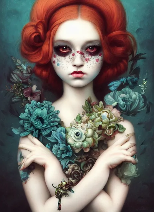 Image similar to pop surrealism, lowbrow art, realistic cute girl painting, japanese street fashion, hyper realism, muted colours, rococo, natalie shau, loreta lux, tom bagshaw, mark ryden, trevor brown style,