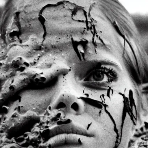 Image similar to film still, close up, emma watson rising out of muddy vietnam river, face covered in mud, low camera angle at water level, night time, film still from apocalypse now ( 1 9 7 9 ), 2 6 mm