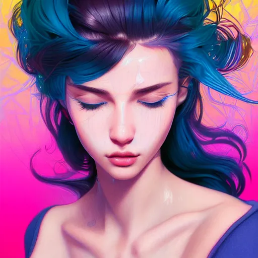 Image similar to young woman, gorgeous face, vaporwave aesthetic, synthwave, colorful, psychedelic, broken, shattered, beaten, sadness, crying, tears, artstation, concept art, smooth, extremely sharp detail, finely tuned detail, 8 k, unreal engine 5, ultra sharp focus, illustration, art by artgerm and greg rutkowski and alphonse mucha