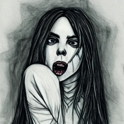 Prompt: grunge drawing of billie eilish in the style of jack skellington