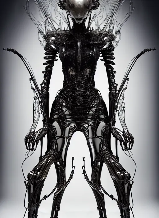 Image similar to iris van herpen gothic inflateble dark dress, perfect symmetrical body, helmet on face, full body shot, alien, plant predator, guyver, giger, wires, tubes, veins, jellyfish, white biomechanical details, wearing epic bionic cyborg implants, masterpiece, intricate, biopunk, vogue, highly detailed, artstation, concept art