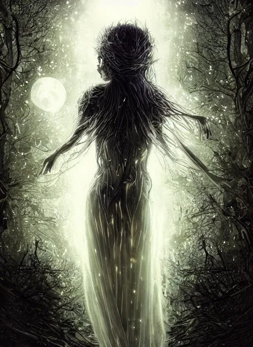 Image similar to glowing silver and golden elements, portrait, A beautiful dark witch in front of the full big moon, book cover, green forest, red white black colors, establishing shot, extremly high detail, foto realistic, cinematic lighting, pen and ink, intricate line drawings, by Yoshitaka Amano, Ruan Jia, Kentaro Miura, Artgerm, post processed, concept art, artstation, matte painting, style by eddie, raphael lacoste, alex ross