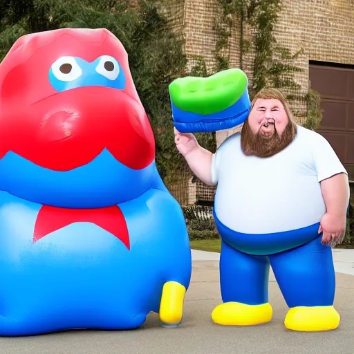 Image similar to big mean fat blue guy with an inflatable hammer