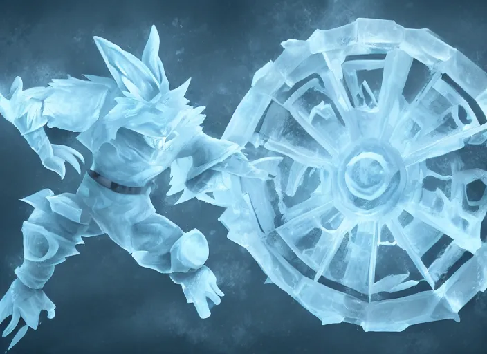 Image similar to champion splashart of yordle made out of ice, coherent centric layout