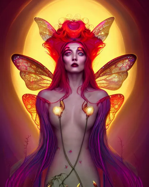 Image similar to portrait, stunningly beautiful female faerie priestess in amanita muscaria forest landscape, symmetrical wings on back, neon hair, wearing a dress of gossamer gold, inner glow, illustration, dramatic lighting, soft details, painting, art nouveau, octane render, 8 k, hd, by brom, faces by otto schmidt