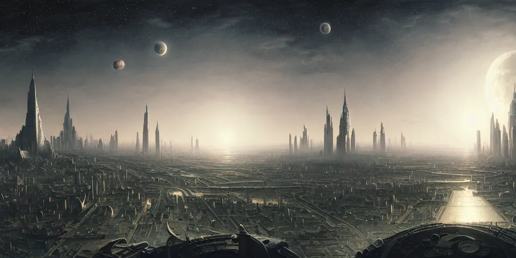 Image similar to planetary city, 2 moons on the horizon of different sizes,, intricate, highly detailed,, photorealistic, digital painting, artstation, illustration, concept art, smooth, sharp focus, by ansel adams and bernardo bellotto, john collier, albert aublet and krenz cushart