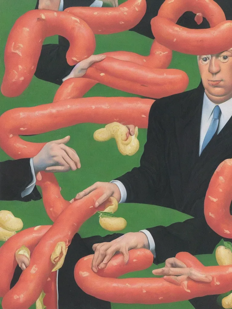 Prompt: Rene Magritte's Son Of Man painting with a floating pink hotdog blocking the face, the hotdogs all have faces, the hotdog has a stem and leaves and is growing more unripe hotdogs on the hotdog vine