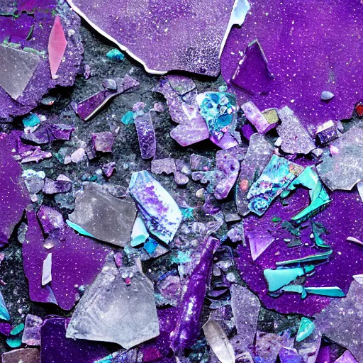 Prompt: purple shattered paint!, broken glass!!!!!, lava!!!, conglomerate!, slush!!, organized composition!, sculpture!!, 4k