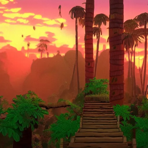 Prompt: photo of a sunset inside the first level of donkey kong country ( 1 9 9 4 ), real life, photorealistic, soft focus, long exposure