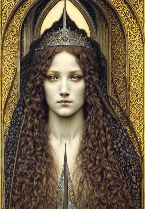 Image similar to detailed realistic beautiful young medieval queen face portrait by jean delville, gustave dore and marco mazzoni, art nouveau, symbolist, visionary, gothic, pre - raphaelite. horizontal symmetry