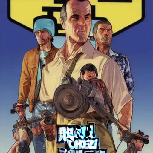 Image similar to nameless hero, gta v cover art, art by stephen bliss