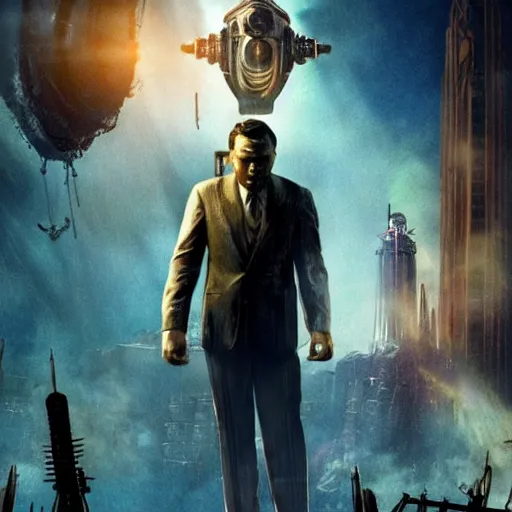 Image similar to movie poster depicting andrew ryan, portrayed by leonardo dicaprio, in a new live - action bioshock movie, the underwater city of rapture is also present