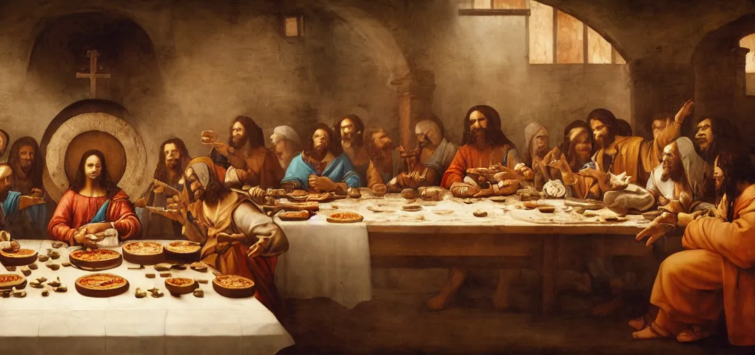 Prompt: last pizza supper, leonardo da pizza vinci, with a jesus chef inventing pizza, pizza, pizza, pizza, fog, magic, 8k, james gurney, greg rutkowski, john howe, artstation and pizza