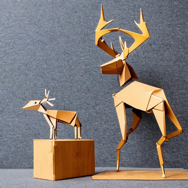 Prompt: a photograph of a deer origami and a robot mecha origami on top of a wooden table