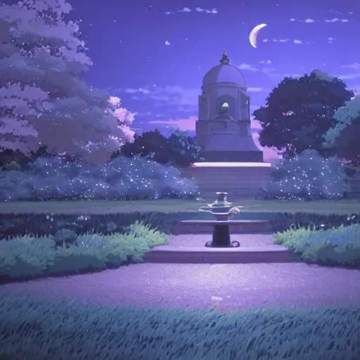 Prompt: a secret garden at night, moon, no people, by makoto shinkai