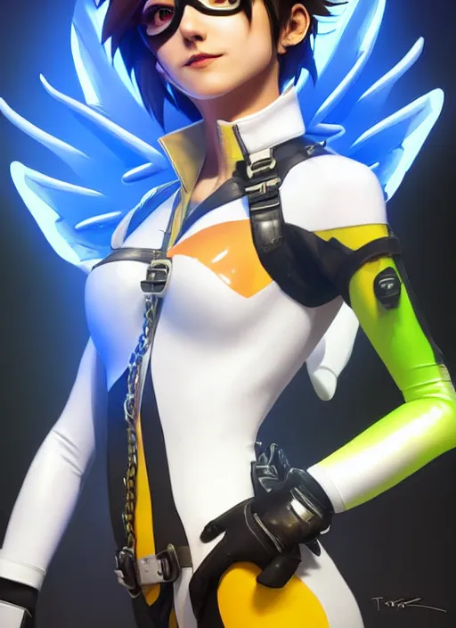 Image similar to portrait bust digital artwork of tracer overwatch, wearing white iridescent rainbow latex and leather straps catsuit outfit, 4 k, expressive happy smug expression, makeup, in style of mark arian, angel wings, wearing detailed black leather collar, chains, black leather harness, detailed face and eyes,