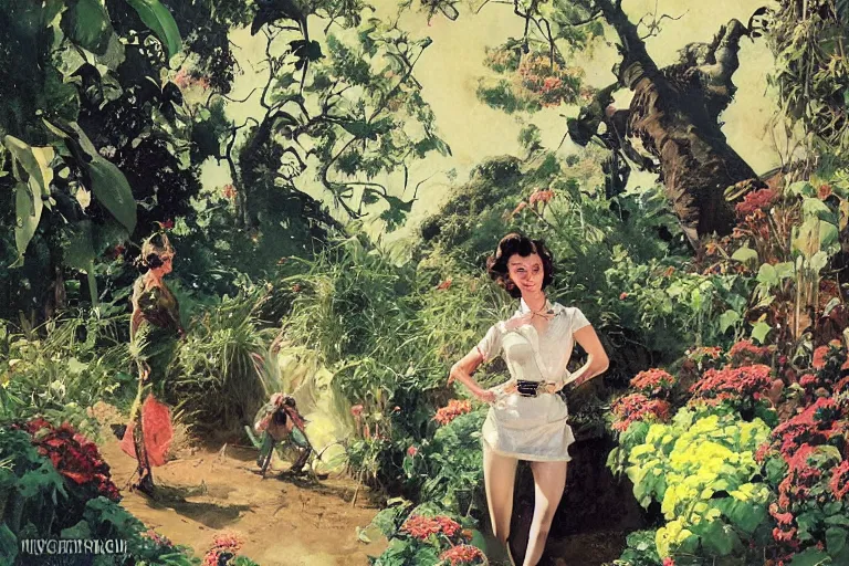 Prompt: 5 0 s pulp scifi illustration, elegant woman in beautiful english country garden, flowers, baobab trees, country mansion, spacehip lands, by norman rockwell, jack kirby, john berkey, bergey, craig mullins, ruan jia, raymond swanland, jeremy mann, beksinski, tom lovell, alex malveda, schomburg