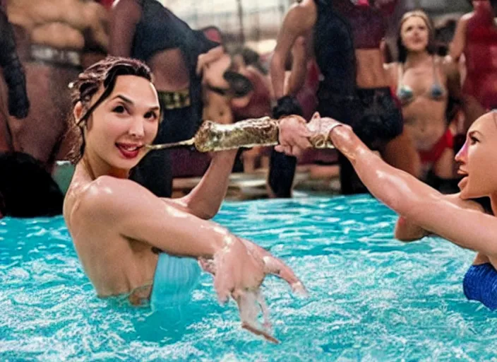 Prompt: gal gadot oil wrestling with taylor swift, movie still, from the movie porky ’ s, 8 k, realistic