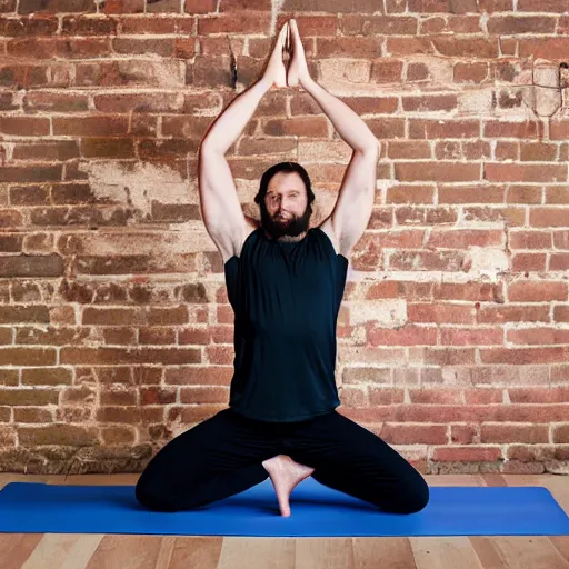 Prompt: long - haired bearded man doing yoga tree pose, professional studio photograph, high quality