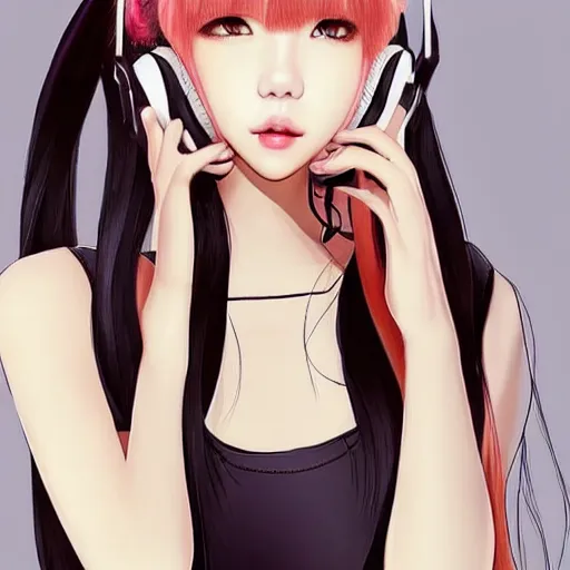 Image similar to realistic beautiful gorgeous natural cute Blackpink Lalisa Manoban black hair fur black cat ears, wearing white camisole summer outfit, headphones, black leather choker artwork drawn full HD 4K highest quality in artstyle by professional artists WLOP, Aztodio, Taejune Kim, Guweiz on Pixiv Instagram Artstation