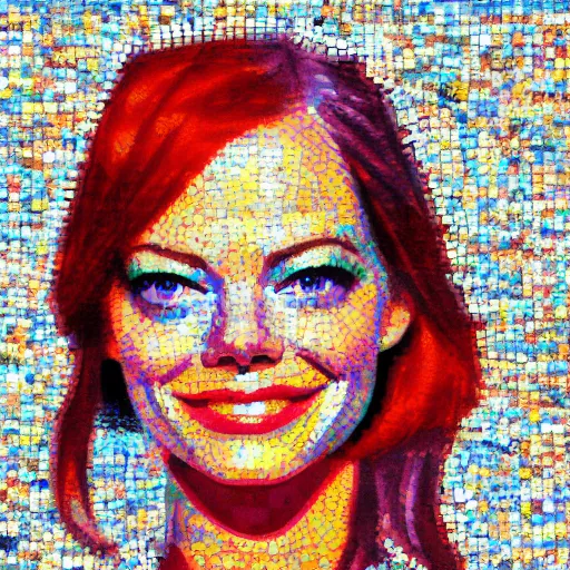 Prompt: detailed colorful'emma stone'in zeugma mosaic, artstation, many small and colorful stones, extreme detail, red hair