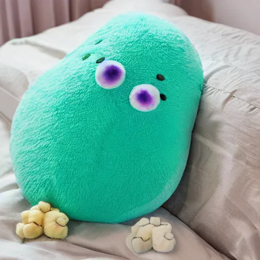 Image similar to bacteria plush, cute fluffy microorganisms covering a cozy bed, cloth worms