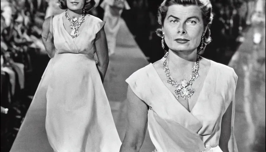 Prompt: ingrid bergman on the catwalk. beautiful, symmetrical. photorealistic. glamorous. 4 0 0 mm lens.