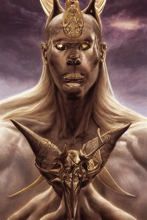 Image similar to Death Anubis, detailed face, gorgeous, amazing, flowing hair, very muscular male body, partial anatomy, stormy background, caesar victorious, proud Emperor, crepuscular ray, intricate, highly detailed, 8K, digital painting, fantasy, artstation, concept art, sharp focus, over-shoulder shot, illustration, art by Wayne Barlowe and alphonse mucha