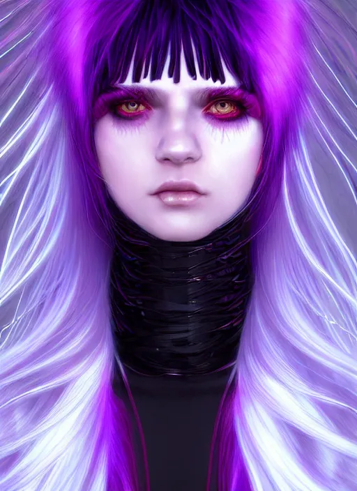 Image similar to hair whitebangs hair, black cyberlox, portrait of normal teenage girl with white bangs, messy bangs, cyberlox, whitebangs, red irises, purple clothes, intricate, elegant, glowing lights, highly detailed, digital painting, artstation, concept art, sharp focus, smooth, illustration, art by wlop, mars ravelo and greg rutkowski