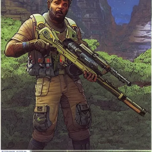 Image similar to ivan. Apex legends. Concept art by James Gurney and Mœbius.