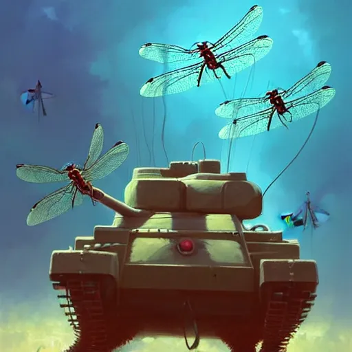 Prompt: a horde of dragonflies using cables to lift a tank, fantasy, digital art by RHADS and Moebius, artstation