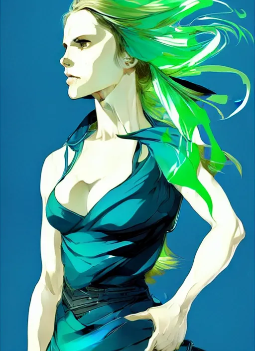 Image similar to style of yoji shinkawa, artgerm, joshua middleton, beautiful kristen bell with green dress, very long blue hair, water powers water swirling, symmetrical face, symmetrical eyes, detailed, beach setting, cinematic lighting