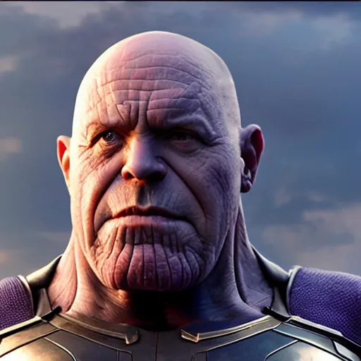 Image similar to Jonathan Banks as Thanos, HD promotional screenshot from new Avengers film, 8k ultra realistic, Marvel animation