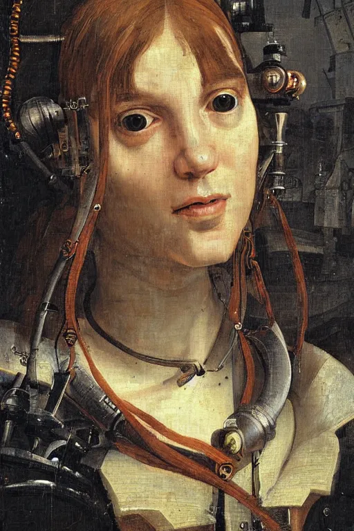 Image similar to a close - up portrait of a cyberpunk cyborg girl, by jan steen, rule of thirds