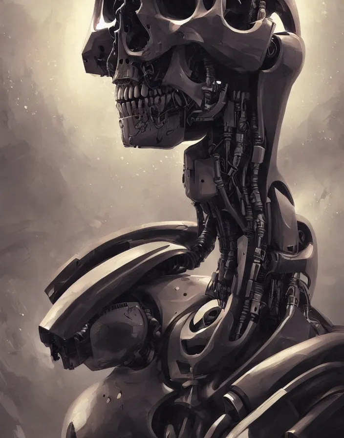 Image similar to skull - headed robot cyborg painting, illutstration, concept art, cyberpunk, futurism, comics art, artgerm, full body shot, wide angle