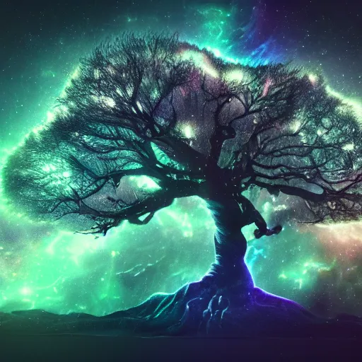 Prompt: a photography of an old twisted the tree of life, cosmic, space color, nebula, galaxy, clean linework, finely detailed, rendered in octane, photography