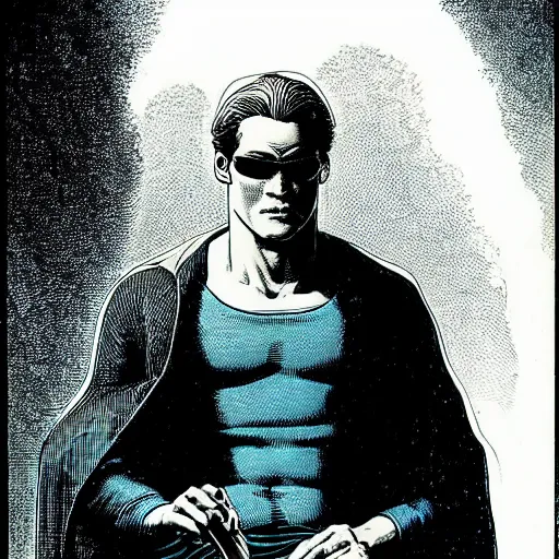 Prompt: franklin booth illustration of a man with blue eyes in the matrix