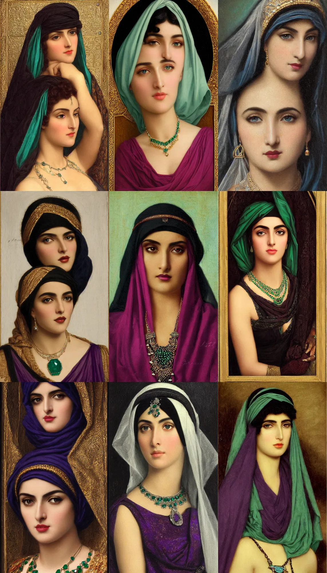 Prompt: a dramatic render of greek arab ameera al taweel, blue eyes, straight black hair, deep purple veil, emerald and diamond necklace, beautiful by john william godward