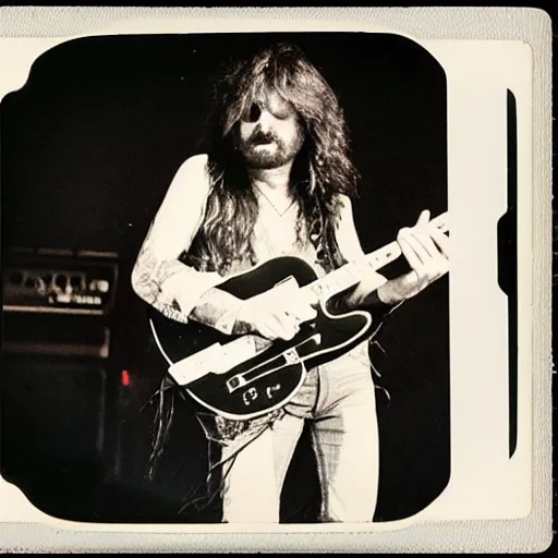 Image similar to Woman holding double-neck guitar, long shaggy-haired rocker, wearing denim, proto-metal concert, live concert, 1972, super 8mm, Polaroid