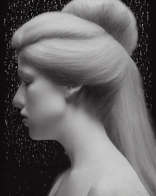 Prompt: a woman's face in profile, long hair made of crystals in the style of the Dutch masters and Gregory Crewdson, dark and moody