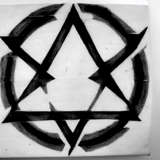 Prompt: evil occult symbol carved in a white canvas, charcoal