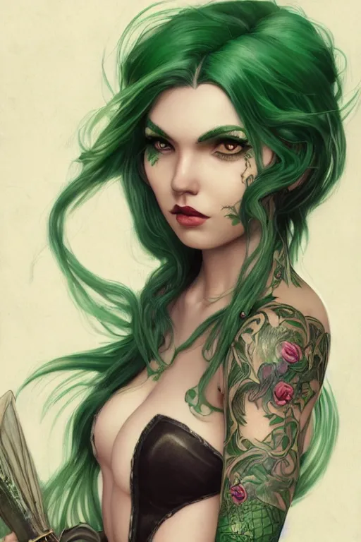 Image similar to green hair tattooed pinup hannah murray, rogue bard, dnd, deep focus, turnaround, fantasy, intricate, elegant, highly detailed, digital painting, artstation, concept art, matte, sharp focus, illustration, hearthstone, art by artgerm and greg rutkowski and alphonse mucha.