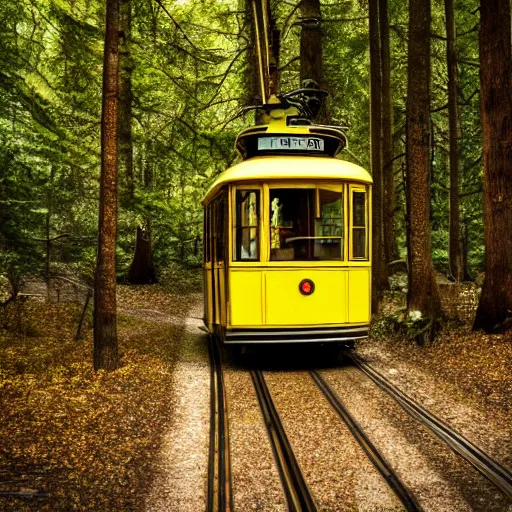 Image similar to Yellow oldschool Tram in a forest, 8k UHD, high quality, studio photo,