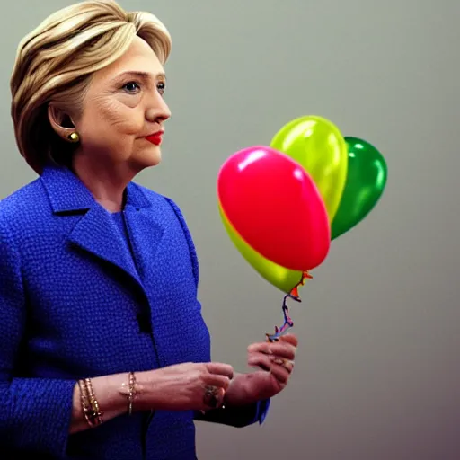 Image similar to lizard faced Hillary Clinton looking at brightly colored balloons, photo, detailed, 4k