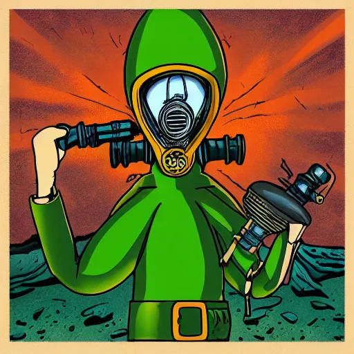 Image similar to elf with gas mask, stoner album art by arik roper