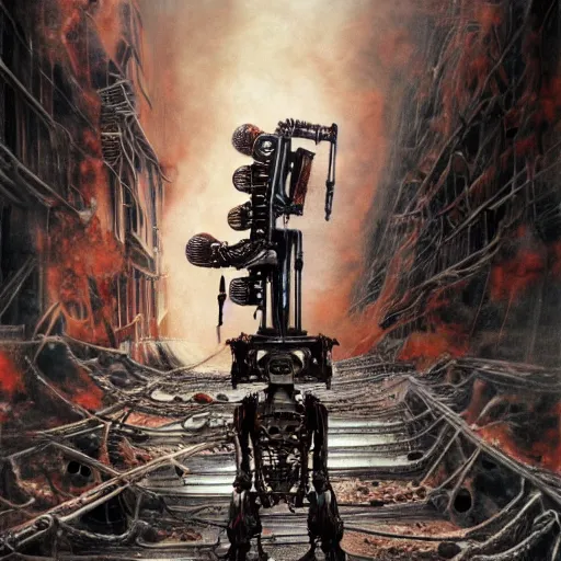 Image similar to flamethrower guitar robot standing in ruined street by Yoshitaka Amano, by HR Giger, biomechanical, 4k, hyper detailed, hyperrealism, anime, a Blood Moon rising on a Broken World, deviantart, artstation